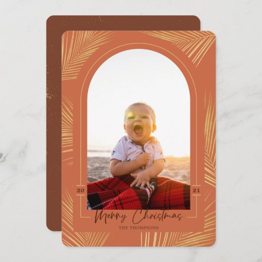 Cartes Pour Fêtes Annuelles Joyeux Noël Gold Palm Rust Beach Photo (Devant / Derrière)