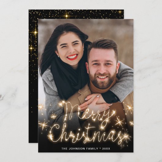 Cartes Pour Fêtes Annuelles Joyeux Noël Gold Sparkle Script PHOTO Salutation (Devant / Derrière)