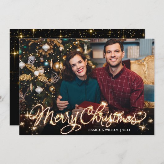 Cartes Pour Fêtes Annuelles Joyeux Noël Gold Sparkle Script PHOTO Salutation (Devant / Derrière)