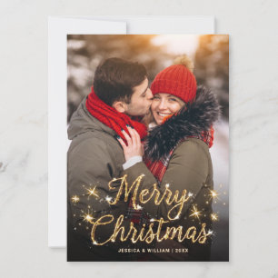 Cartes Pour Fêtes Annuelles Joyeux Noël Gold Sparkle Script PHOTO Salutation