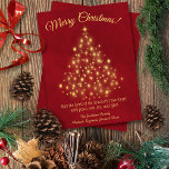 Cartes Pour Fêtes Annuelles Joyeux Noël! Golden Lights Tree sur Lush Red<br><div class="desc">Cette belle carte de Noël présente un design simple, élégant, sophistiqué et classe, avec un sapin de Noël stylisé en étoiles dorées et des lumières sur un arrière - plan rouge marbré et profond. La légende dit : Joyeux Noël ! Il y a de l'espace pour un petit salut et...</div>