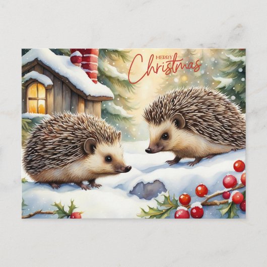 Cartes Pour Fêtes Annuelles Joyeux Noël Hérissons aquarelle dans la forêt (Devant)