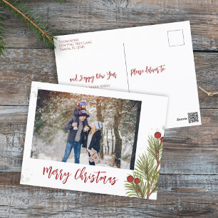 Cartes Pour Fêtes Annuelles Joyeux Noël hiver Red Holly Berries 1 Photo