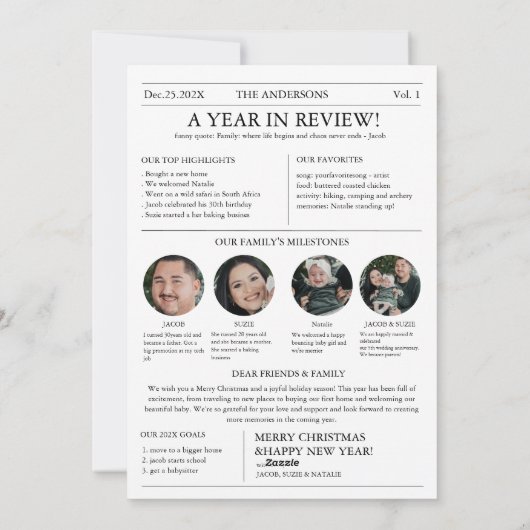 Cartes Pour Fêtes Annuelles Joyeux Noël Joyeux journal Année en revue Photo (Dos)