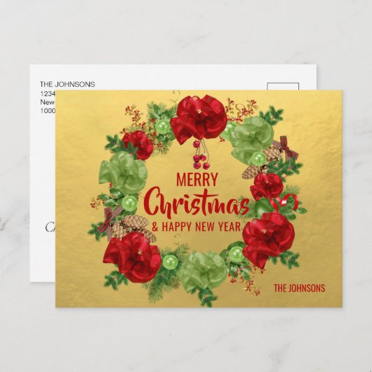 Cartes Pour Fêtes Annuelles Joyeux Noël Joyeux Nouvel An Wreath Red Gold (Devant / Derrière)