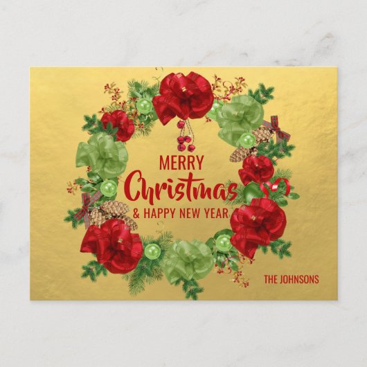 Cartes Pour Fêtes Annuelles Joyeux Noël Joyeux Nouvel An Wreath Red Gold (Devant)