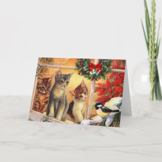 Cartes Pour Fêtes Annuelles Joyeux Noël Kitty Chats Observation d'oiseaux Paix (Devant)