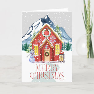 Cartes Pour Fêtes Annuelles Joyeux Noël Maison de Campagne Rouge Montagne Neig