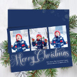Cartes Pour Fêtes Annuelles Joyeux Noël Marine Bleu Photo Collage Script<br><div class="desc">Ce design comprend une joyeuse carte de Noël,  avec bleu marine et argent,  avec un script de pinceau calligraphie,  un design typographique minimaliste et tendance simple avec un modèle collage multi-photo,  un minimaliste moderne,  classique traditionnel,  carte photo de vacances,  avec un style contemporain élégant.</div>
