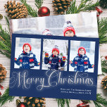 Cartes Pour Fêtes Annuelles Joyeux Noël Marine Bleu Photo Collage Script<br><div class="desc">Ce design comprend une joyeuse carte de Noël,  avec bleu marine et argent,  avec un script de pinceau calligraphie,  un design typographique minimaliste et tendance simple avec un modèle collage multi-photo,  un minimaliste moderne,  classique traditionnel,  carte photo de vacances,  avec un style contemporain élégant.</div>