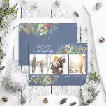 Cartes Pour Fêtes Annuelles Joyeux Noël Marine Blue Gold Botanique Photo<br><div class="desc">Vous cherchez une carte de vacances unique qui se démarquera vraiment? Joyeux Noël Marine Blue Gold Winter Greenery Carte de vacances photo botanique! Cette belle carte présente trois de vos photos préférées, entourées de motifs d'hiver rouges et verts festifs sur un arrière - plan bleu marine. La typographie moderne complète...</div>