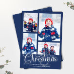 Cartes Pour Fêtes Annuelles Joyeux Noël Marine Photo Collage Bleu<br><div class="desc">Ce design comprend une joyeuse carte de Noël,  avec bleu marine et argent,  avec un script de pinceau calligraphie,  un design typographique minimaliste et tendance simple avec un modèle collage multi-photo,  un minimaliste moderne,  classique traditionnel,  carte photo de vacances,  avec un style contemporain élégant.</div>