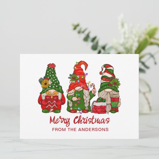 Cartes Pour Fêtes Annuelles Joyeux Noël mignon Gnomes Rouge Et Vert (Debout devant)