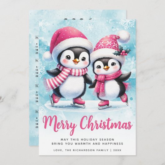 Cartes Pour Fêtes Annuelles Joyeux Noël mignon Pingouin Patinage sur glace Ble (Devant / Derrière)