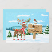 Cartes Pour Fêtes Annuelles Joyeux Noël mignonne Rudolph et Bird (Devant / Derrière)