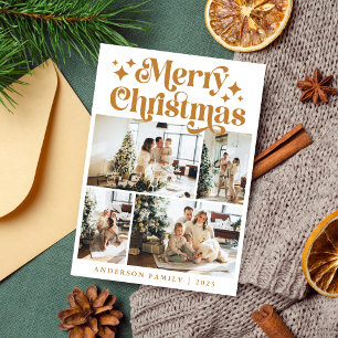 Cartes Pour Fêtes Annuelles Joyeux Noël minimaliste 4 Photo Retro Jaune