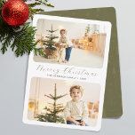 Cartes Pour Fêtes Annuelles Joyeux Noël minimaliste Moderne 2 Photos<br><div class="desc">Cette carte de vacances moderne minimaliste comprend une grande disposition de votre photo personnelle préférée au-dessus de la carte. Le design de carte verte et blanche de la forêt dit "Joyeux Noël" dans élégant,  tendance écriture manuscrite typographie,  et nom de famille dans une police serif classique.</div>