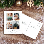 Cartes Pour Fêtes Annuelles Joyeux Noël | Modern Four Photo Collage<br><div class="desc">Cette carte postale de vacances simple mais ultra moderne comprend quatre de vos photos personnelles préférées dans une grille de photos à look unique et superposé. Le design de carte verte et blanche de la forêt dit "joyeux noël" en élégante typographie manuscrite tendance, et a une place pour votre nom...</div>