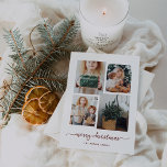 Cartes Pour Fêtes Annuelles Joyeux Noël | Modern Four Photo Collage<br><div class="desc">Cette carte de vacances simple mais ultra moderne dispose de quatre de vos photos personnelles préférées dans une grille de photos à look unique et superposé. Le design de la carte rouge et blanche en brique dit "joyeux noël" dans une élégante typographie manuscrite tendance, et a une place pour votre...</div>