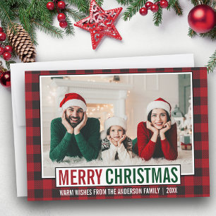 Cartes Pour Fêtes Annuelles Joyeux Noël moderne Famille Photo Rouge Plaid
