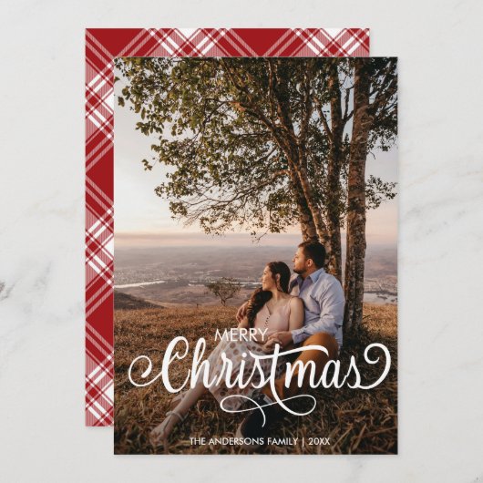 Cartes Pour Fêtes Annuelles Joyeux Noël moderne Nom de la famille Tartan (Devant / Derrière)