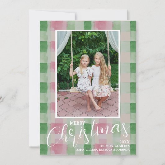 Cartes Pour Fêtes Annuelles Joyeux Noël moderne rose et vert photo plaid (Devant)