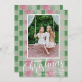 Cartes Pour Fêtes Annuelles Joyeux Noël moderne rose et vert photo plaid (Devant / Derrière)