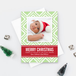 Cartes Pour Fêtes Annuelles Joyeux Noël Moderne Vert et Rouge Ikat Photo