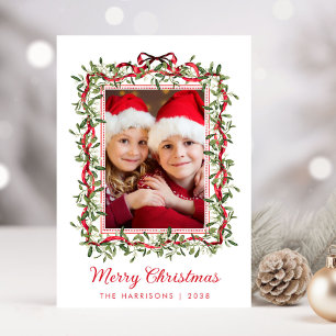 Cartes Pour Fêtes Annuelles Joyeux Noël Nœuds Rouges Verdure Aquarelle Photo