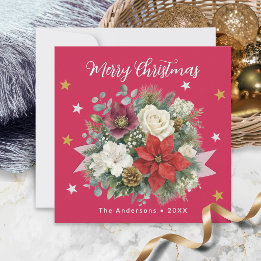 Cartes Pour Fêtes Annuelles Joyeux Noël Nom de Famille Rouge Floral