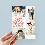 Cartes Pour Fêtes Annuelles Joyeux Noël Nouvel An Rouge 4 Photo Collage<br><div class="desc">Cette carte de vacances multi-photo design et festive présente un style manuscrit avec un collage photo présentant 4 de vos photos. Le côté arrière est doté d'un motif à points flottants aux couleurs assorties. Ajoutez simplement vos photos et votre texte avec quelques clics et des robinets et vous avez terminé....</div>