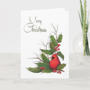 Cartes Pour Fêtes Annuelles Joyeux Noël, oiseau cardinal rouge, houx, baies