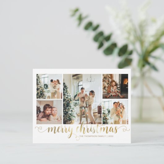 Cartes Pour Fêtes Annuelles Joyeux Noël Or moderne Script 5 Photo (Debout devant)