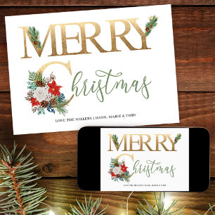 Cartes Pour Fêtes Annuelles Joyeux Noël Or Poinsettia et Pin Vert