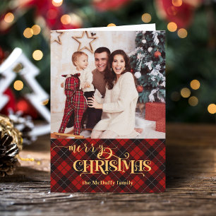 Cartes Pour Fêtes Annuelles Joyeux Noël or sur Red Tartan Photo