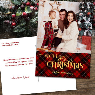 Cartes Pour Fêtes Annuelles Joyeux Noël or sur Red Tartan Photo