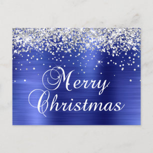 Cartes Pour Fêtes Annuelles Joyeux Noël Paillettes Argent Feuille de Blue