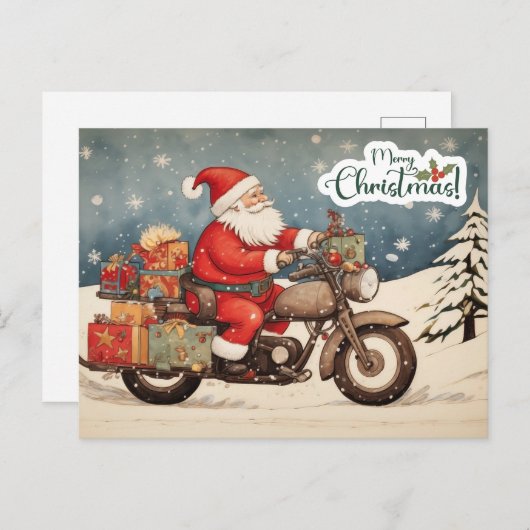 Cartes Pour Fêtes Annuelles Joyeux Noël Père Noël en moto (Devant / Derrière)
