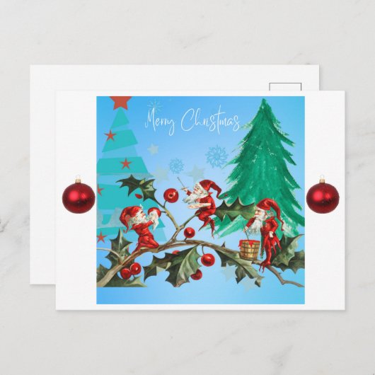 Cartes Pour Fêtes Annuelles Joyeux Noël Père Noël et elfes (Devant / Derrière)