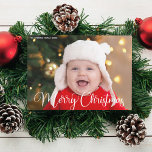 Cartes Pour Fêtes Annuelles Joyeux Noël personnalisé photo de script blanc<br><div class="desc">Elégant Joyeux Noël photo carte plat avec belle écriture cursive en blanc. Ces cartes photo bébé de vacances modernes présente une typographie magnifique et votre texte personnalisé sur l'image de fond en blanc en haut. Parfait pour célébrer un bébé souriant ou un enfant heureux.</div>