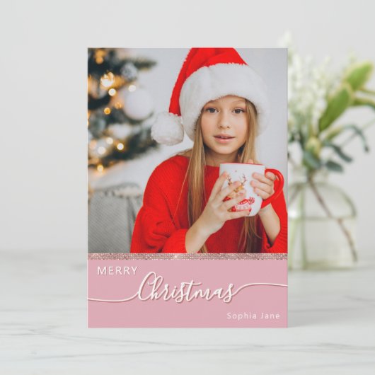 Cartes Pour Fêtes Annuelles Joyeux Noël personnalisé rose photo (Debout devant)