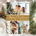 Cartes Pour Fêtes Annuelles Joyeux Noël Photo Collage<br><div class="desc">Cette fabuleuse carte de vacances 3 photos avec "Joyeux Noël!" dans une police de caractères de script moderne et votre nom de famille et année dans une police de caractères casquette traditionnelle propre et nette, en blanc sur or avec un dos assorti, est parfaite pour envoyer à votre famille et...</div>