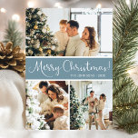Cartes Pour Fêtes Annuelles Joyeux Noël Photo Collage<br><div class="desc">Cette fabuleuse carte de vacances 3 photos avec "Joyeux Noël!" dans une police de caractères de script moderne et votre nom de famille et année dans une police de caractères casquettes traditionnelle et nette, toutes deux en blanc sur bleu poussiéreux avec un dos assorti, est parfaite pour envoyer à votre...</div>