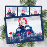 Cartes Pour Fêtes Annuelles Joyeux Noël Photo Collage Marine Script bleu<br><div class="desc">Ce design comprend une joyeuse carte de Noël,  avec bleu marine et argent,  avec un script de pinceau calligraphie,  un design typographique minimaliste et tendance simple avec un modèle collage multi-photo,  un minimaliste moderne,  classique traditionnel,  carte photo de vacances,  avec un style contemporain élégant.</div>