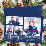 Cartes Pour Fêtes Annuelles Joyeux Noël Photo Collage Marine Script bleu<br><div class="desc">Ce design comprend une joyeuse carte de Noël,  avec bleu marine et argent,  avec un script de pinceau calligraphie,  un design typographique minimaliste et tendance simple avec un modèle collage multi-photo,  un minimaliste moderne,  classique traditionnel,  carte photo de vacances,  avec un style contemporain élégant.</div>