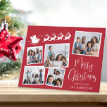 Cartes Pour Fêtes Annuelles Joyeux Noël Photo Collage Père Noël Sleigh<br><div class="desc">Carte pliée Festive rouge de vacances avec un collage photo de 5 images éparpillées dans des cadres blancs, une illustration blanche de rennes volant le traîneau à Père Noël, "Joyeux Noël" dans un script blanc élégant et votre nom dans une simple typographie blanche moderne. Customisez votre salutation à l'intérieur ou...</div>