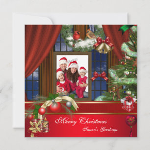 Cartes Pour Fêtes Annuelles Joyeux Noël Photo de famille Rouge Vert Fenêtre