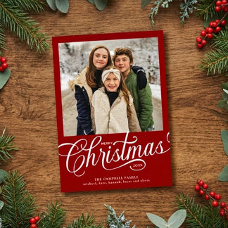 Cartes Pour Fêtes Annuelles Joyeux Noël Photo de Famille Script Rouge