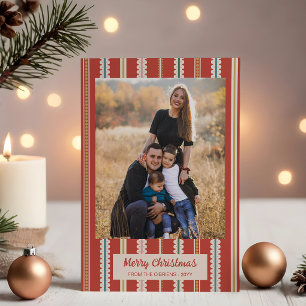 Cartes Pour Fêtes Annuelles Joyeux Noël Photo Rayures Écaillées Rouge Beige