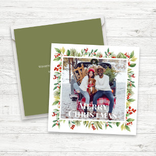 Cartes Pour Fêtes Annuelles Joyeux Noël Photo Red Holly Botanical Green